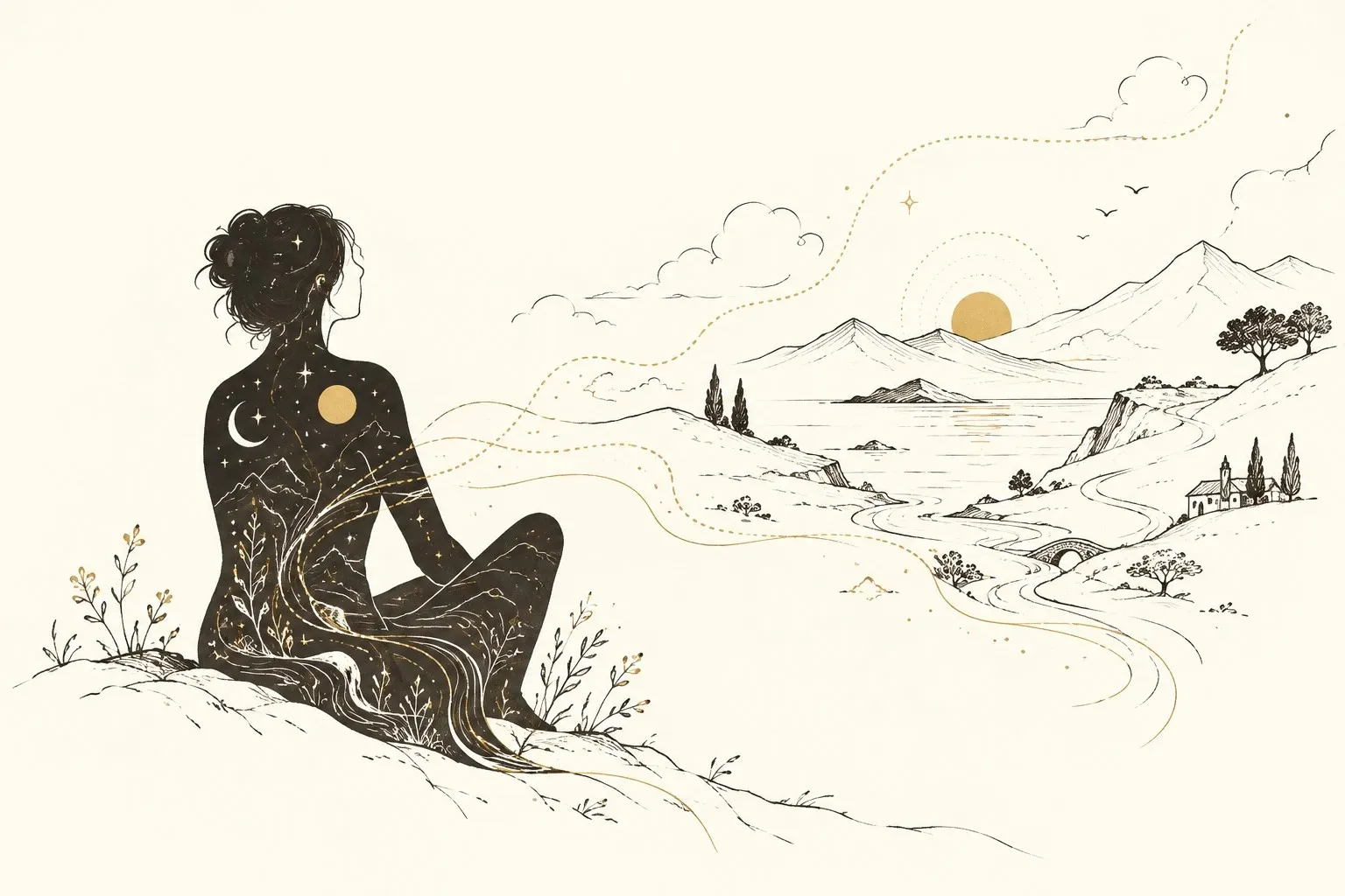 Ink sketch of a seated woman whose silhouette is filled with stars, a moon and a gold sun, flowing out in gold lines that become the landscape before her.