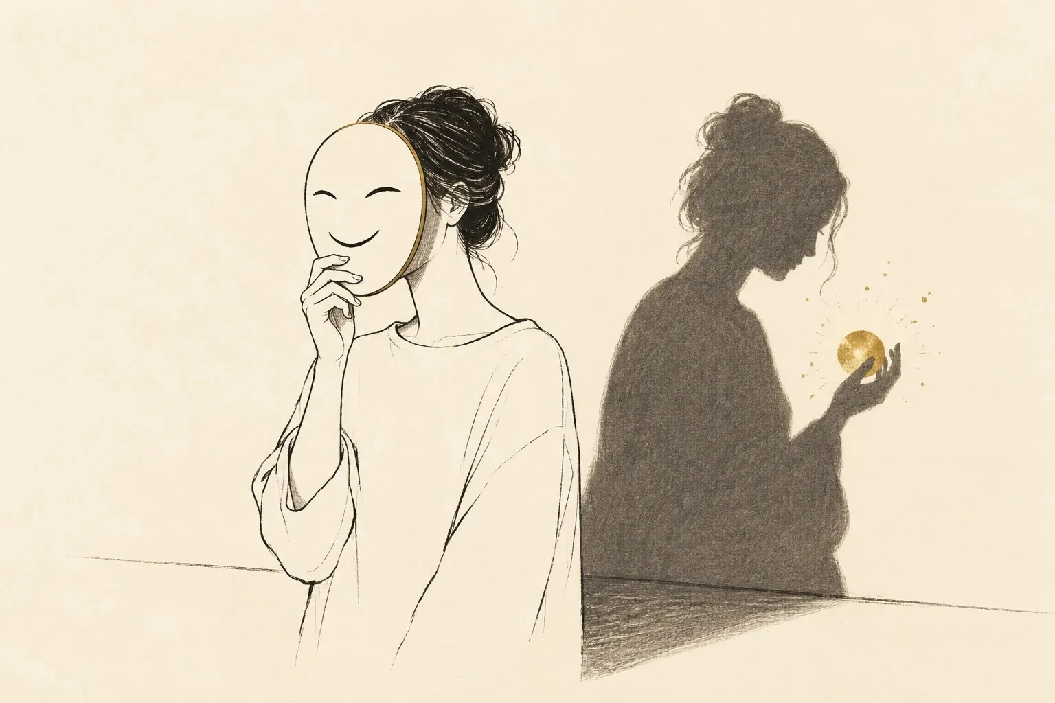 Pencil sketch of a woman holding a smiling mask in front of her face, while her shadow on the wall gazes at a glowing gold sphere in its hand.