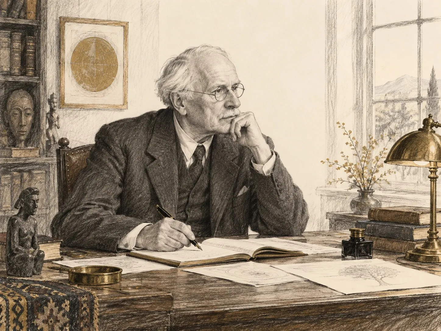 Pencil and ink drawing of Carl Jung, older, sitting at his desk with a pen in hand, surrounded by books, carved figures and a gold mandala on the wall.