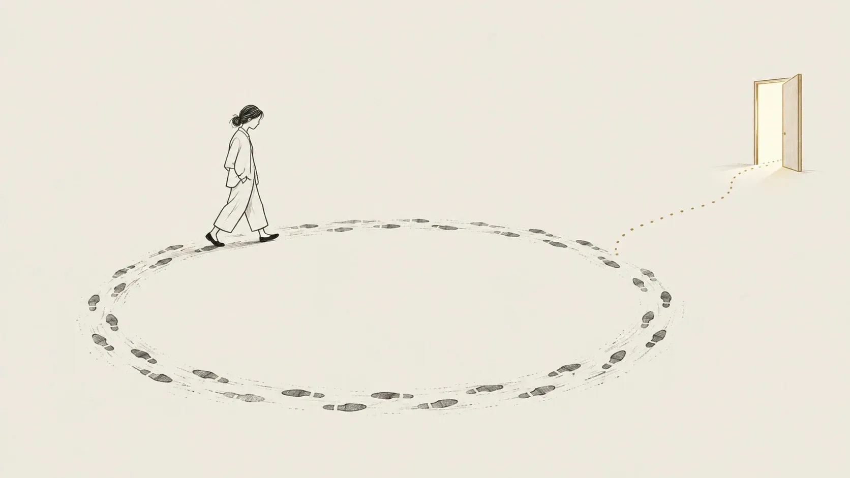 Line illustration of a person walking around a circular path of worn footprints, while a dotted gold line leads to an open, glowing door outside the circle.