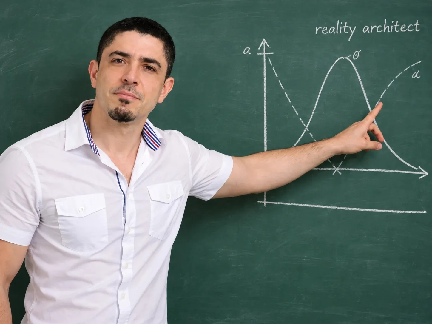 Brian Hoareau at a chalkboard, pointing to a graph titled reality architect